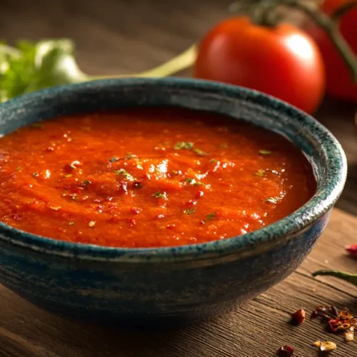Bright red homemade El Pato sauce in a rustic bowl with chilies and tomatoes