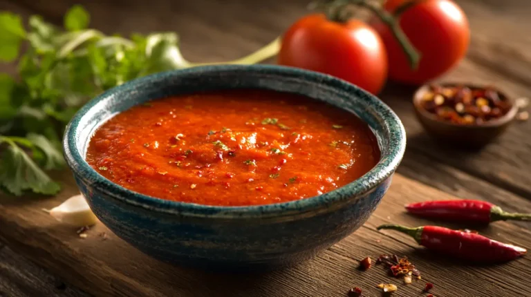 Bright red homemade El Pato sauce in a rustic bowl with chilies and tomatoes
