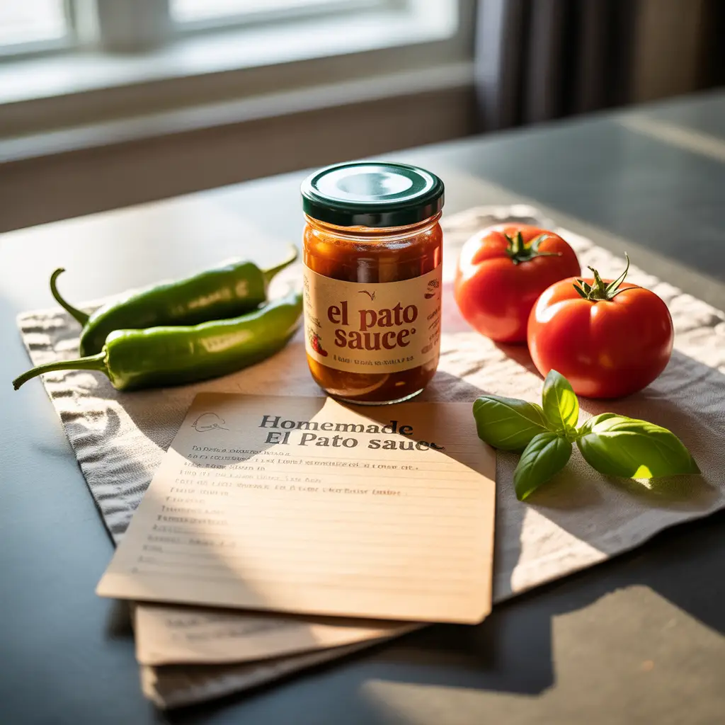 Jar of El Pato sauce surrounded by fresh tomatoes and chilies