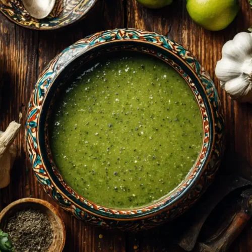 Bowl of homemade green enchilada sauce with tomatillos, green chiles, cilantro, and lime on a rustic kitchen table.