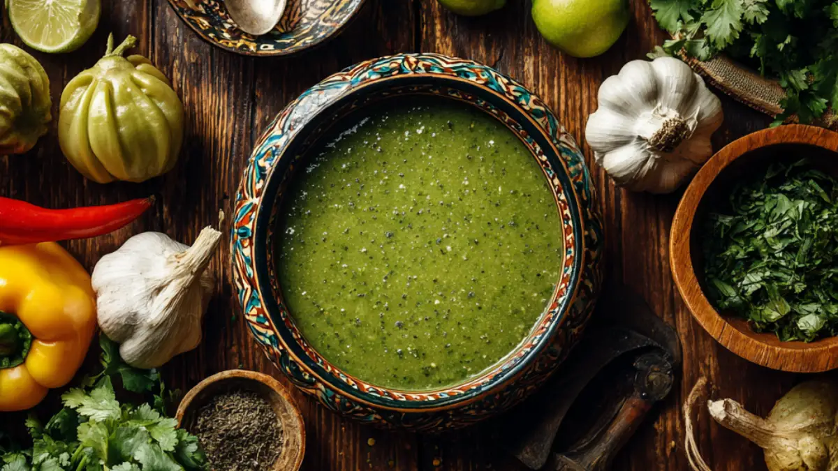 Bowl of homemade green enchilada sauce with tomatillos, green chiles, cilantro, and lime on a rustic kitchen table.