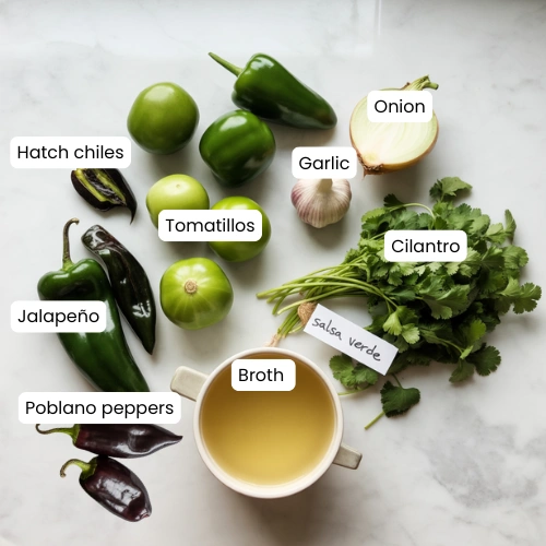 Flat-lay photo of tomatillos, chiles, onion, garlic, cilantro, and broth for green enchilada sauce.