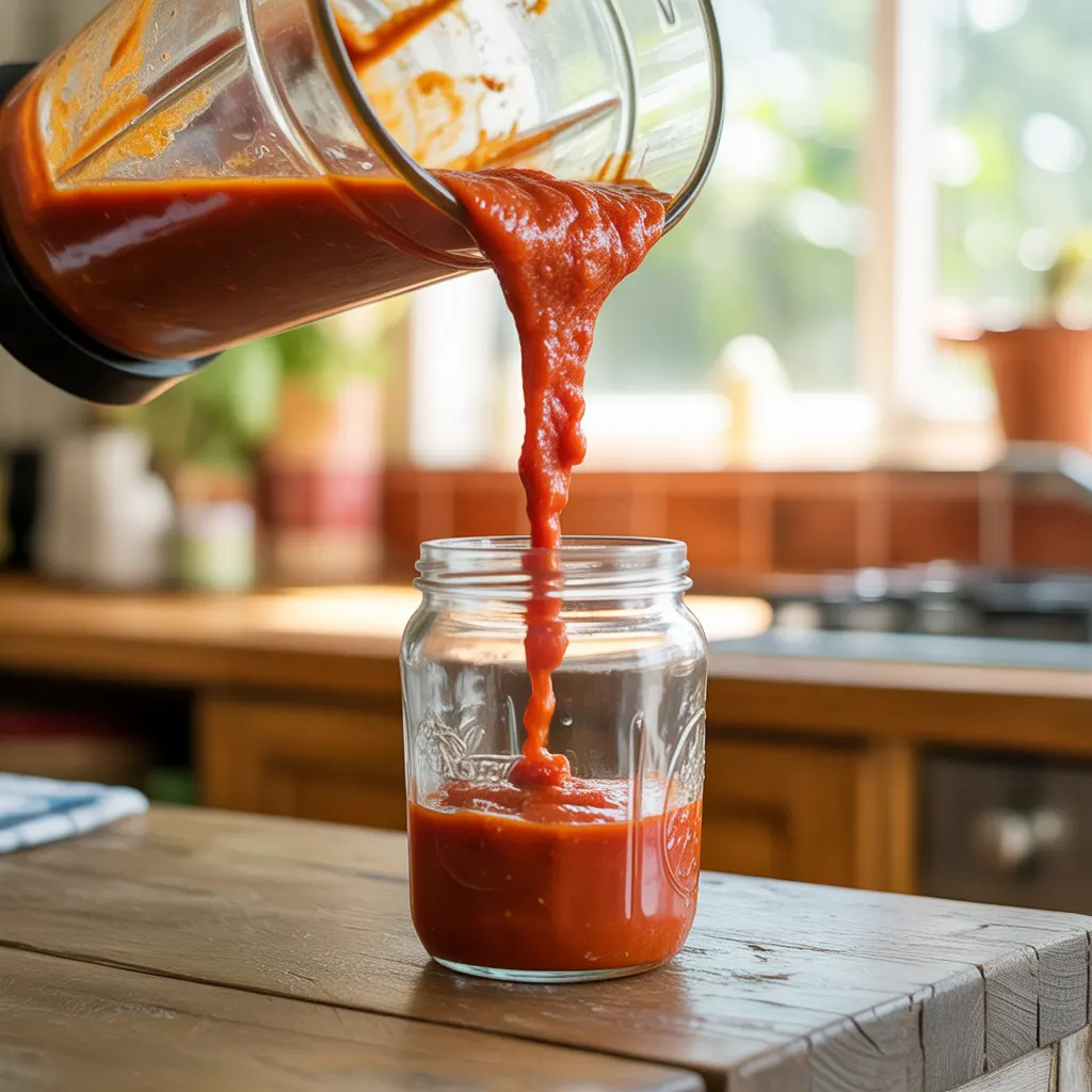 Smooth homemade El Pato sauce being poured into a glass jar