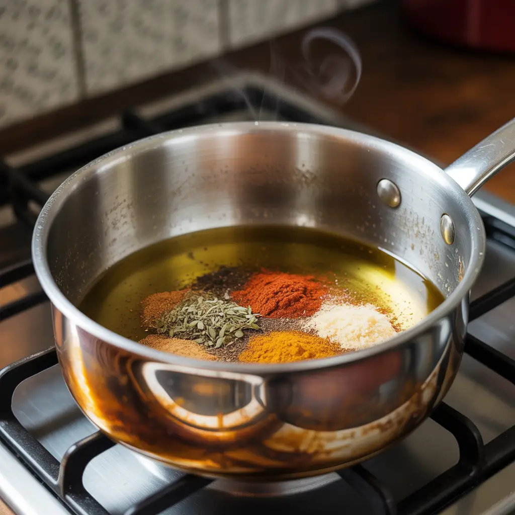 Spices sizzling in oil in a saucepan while sautéing aromatics.