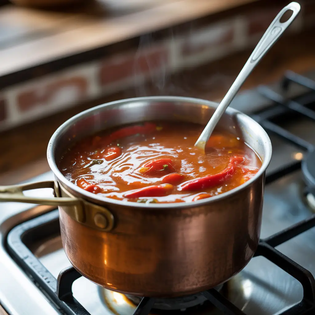 Saucepan with simmering tomatoes and chilies for homemade El Pato sauce