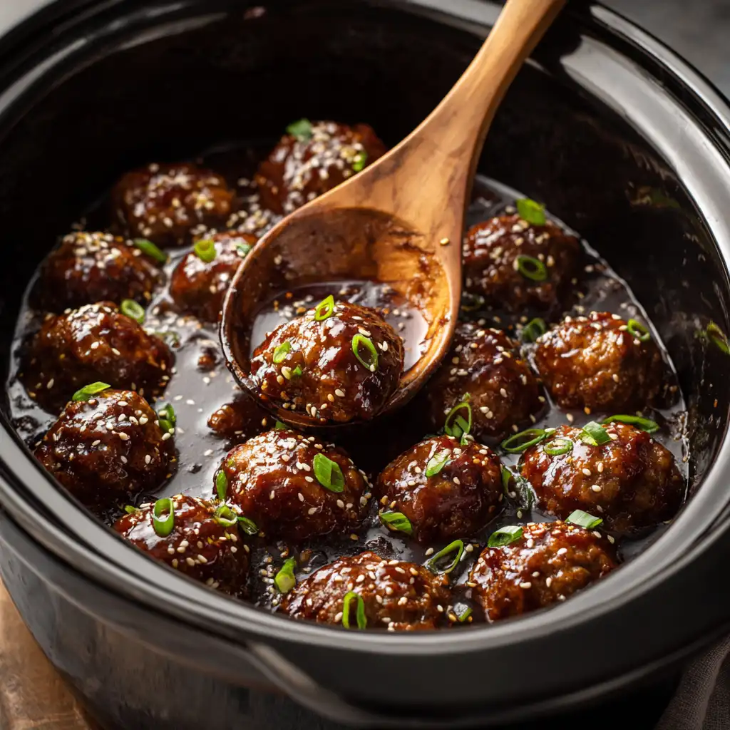 Crockpot full of Sticky Asian Meatballs with sesame seeds and scallions.