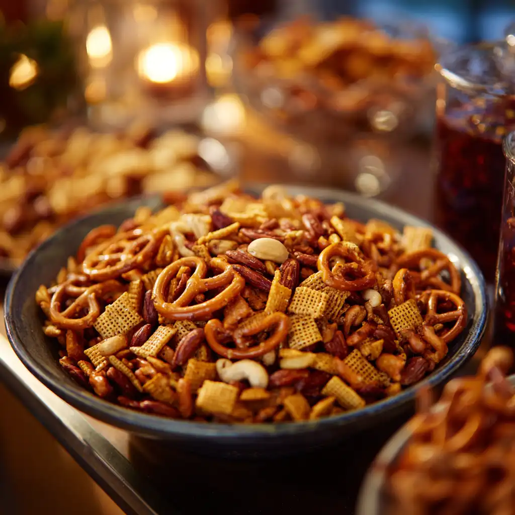 seasoned snack mix with Chex, nuts, and crackers in a bowl