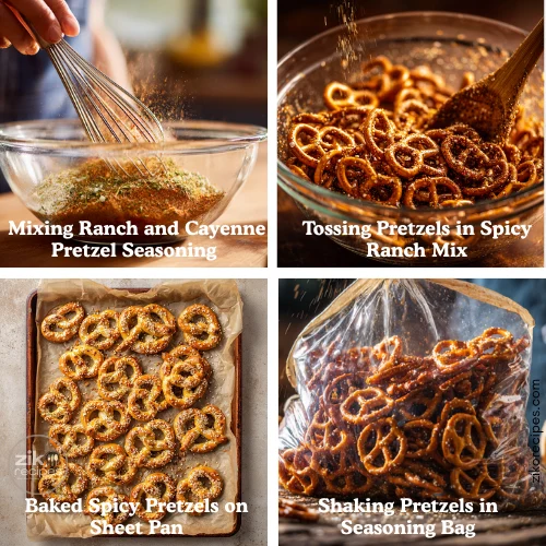 Step by step process of making the recipe showing mixing ranch and cayenne seasoning tossing pretzels coating on sheet pan and shaking in bag