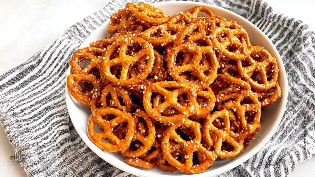 spicy pretzels recipe baked with ranch and cayenne in a white bowl