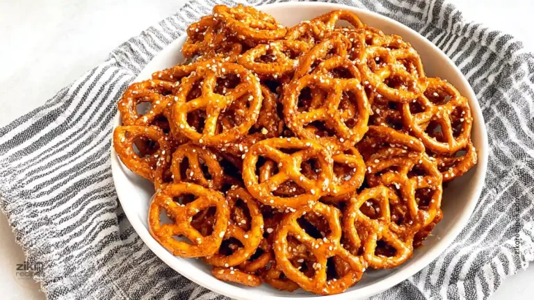 spicy pretzels recipe baked with ranch and cayenne in a white bowl
