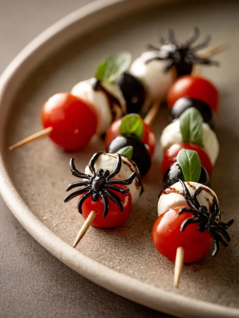 Caprese skewers with black olive “spider” details and balsamic glaze