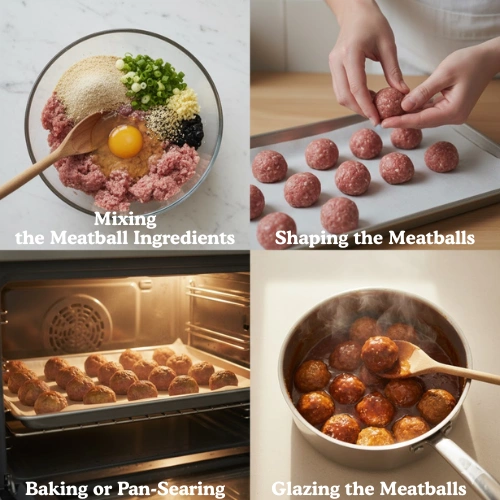 Step-by-step collage showing mixing, shaping, baking, and glazing.