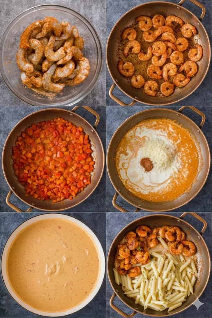 Cooking process: boiling pasta, sautéing shrimp, and stirring creamy sauce in a skillet