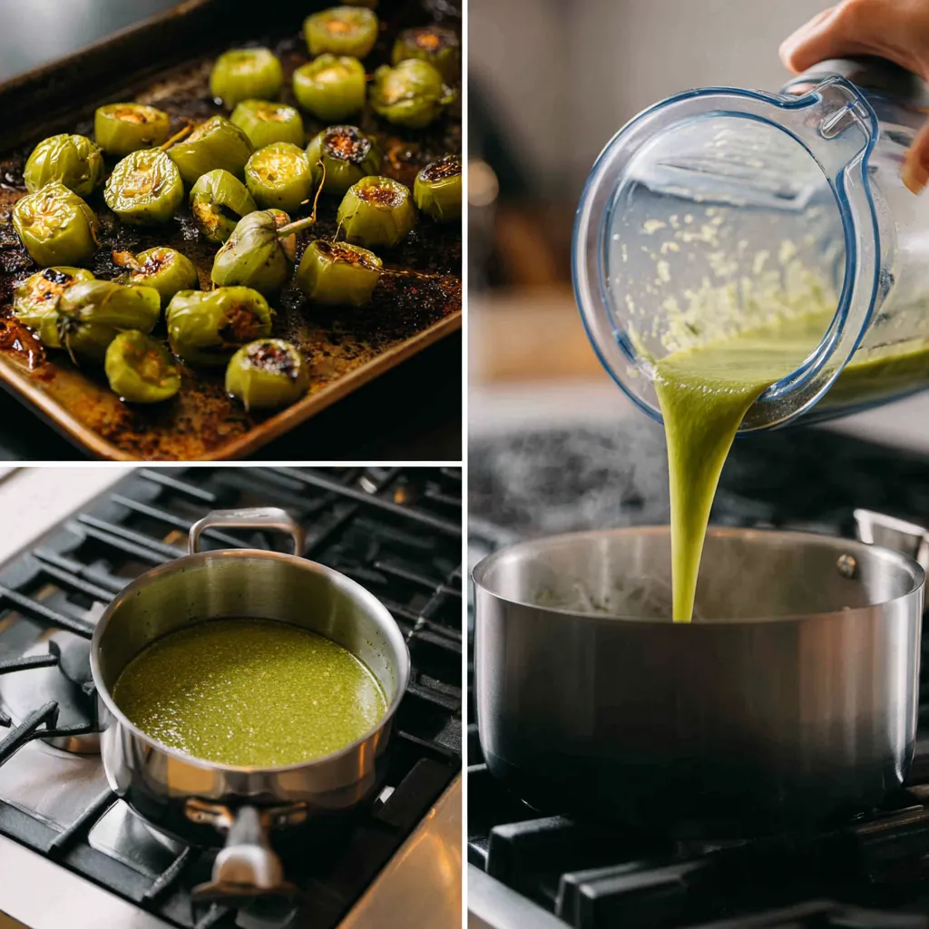 Roasting vegetables, blending tomatillos, and simmering sauce for enchiladas.