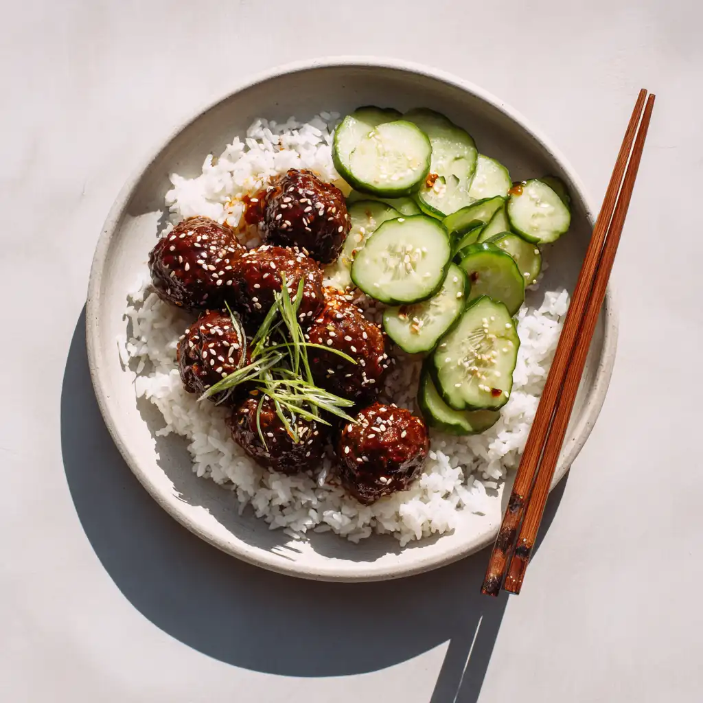 Sticky Asian Meatballs served with rice and cucumber salad.