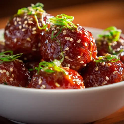 Sticky Asian Meatballs coated in glossy sauce and topped with sesame seeds and sliced scallions.