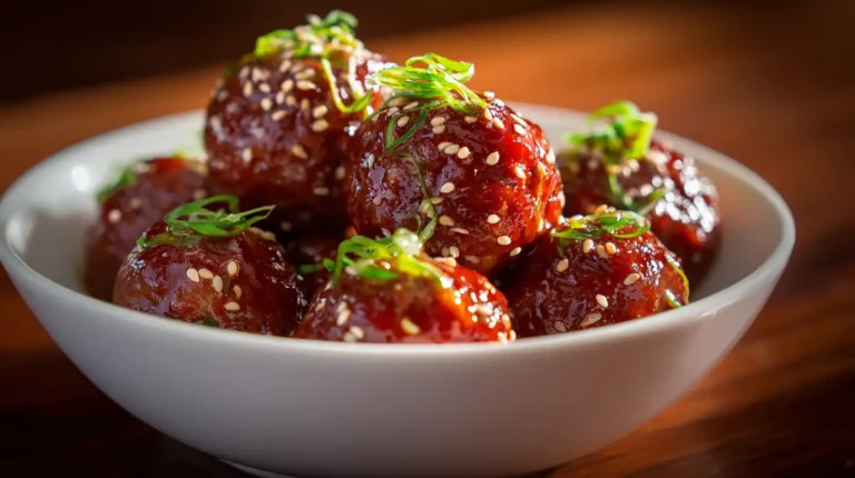 Sticky Asian Meatballs coated in glossy sauce and topped with sesame seeds and sliced scallions.