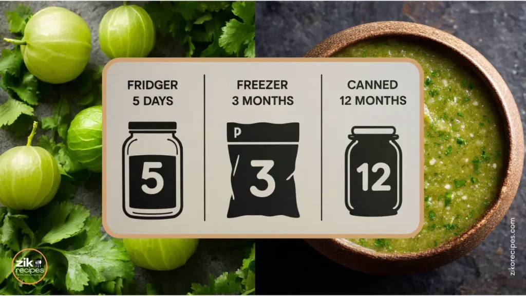 Storage infographic showing fridge, freezer, and canning options for enchilada sauce.