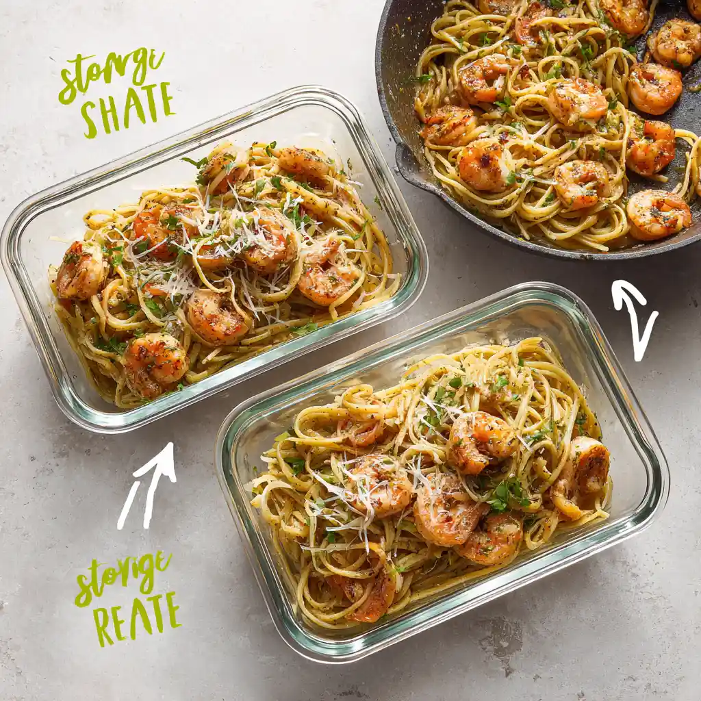 Cajun Shrimp Pasta stored in glass container and reheated in skillet
