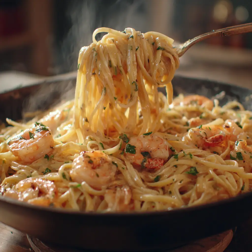 Short clip of Cajun Shrimp Pasta being tossed in skillet with creamy sauce