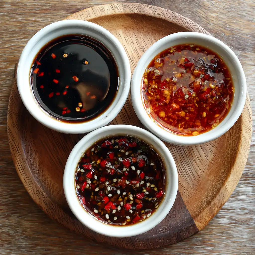 Three small bowls of hoisin, teriyaki, and Thai sweet chili sauces on wooden board