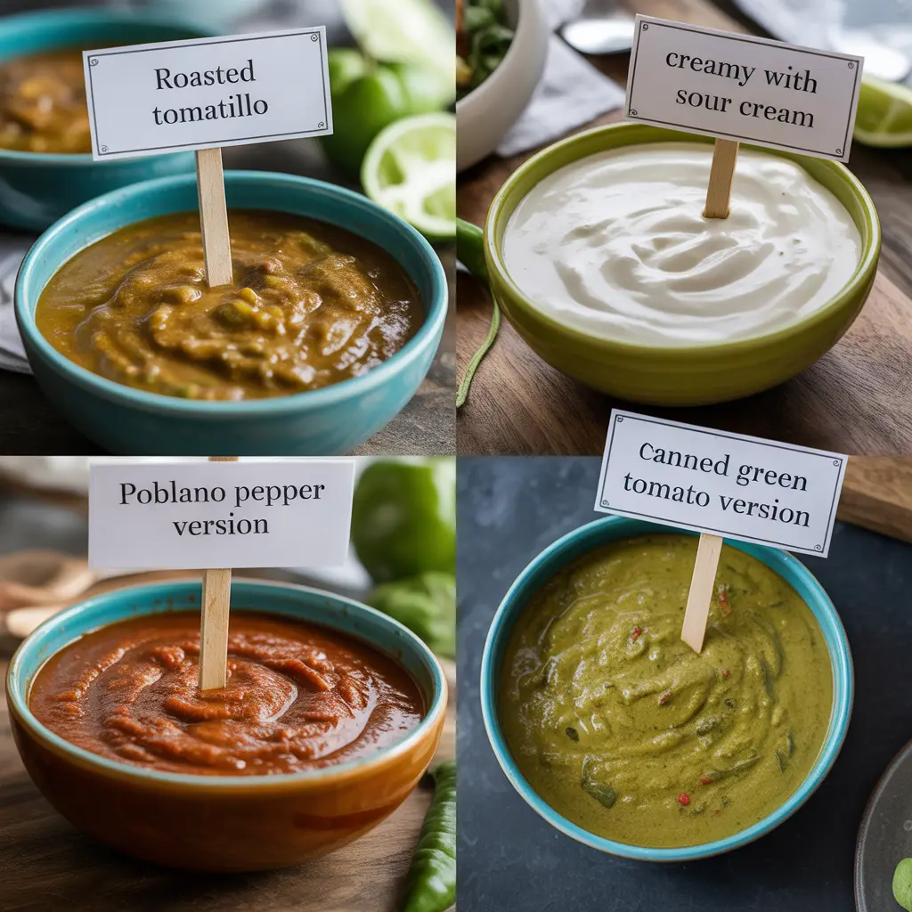 Four bowls of enchilada sauce variations including creamy, roasted tomatillo, poblano, and canned versions