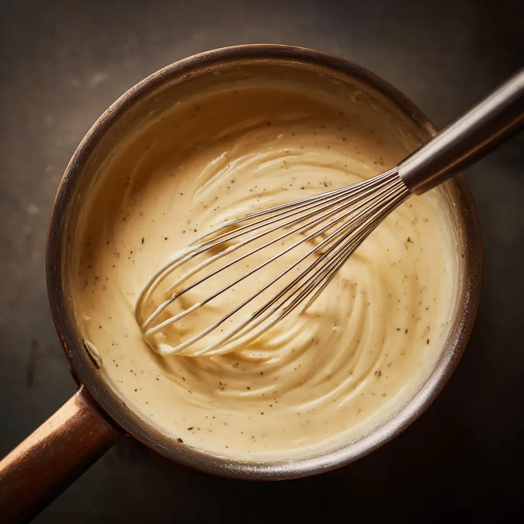 Smooth cheese sauce being whisked gently in a saucepan for pretzels