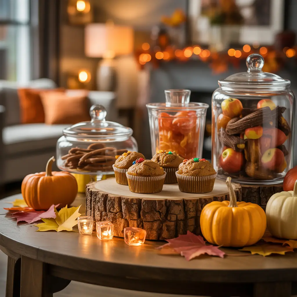 Portable Halloween appetizer setup with containers and mini pumpkins