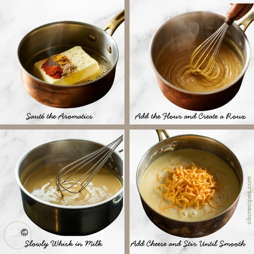 Four-step process of making cheese sauce for pretzels showing sautéing spices in butter, whisking flour and milk, and melting cheddar until smooth.