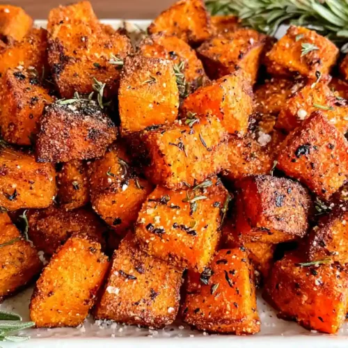 Overhead view of golden crispy roasted sweet potatoes on parchment paper with herbs