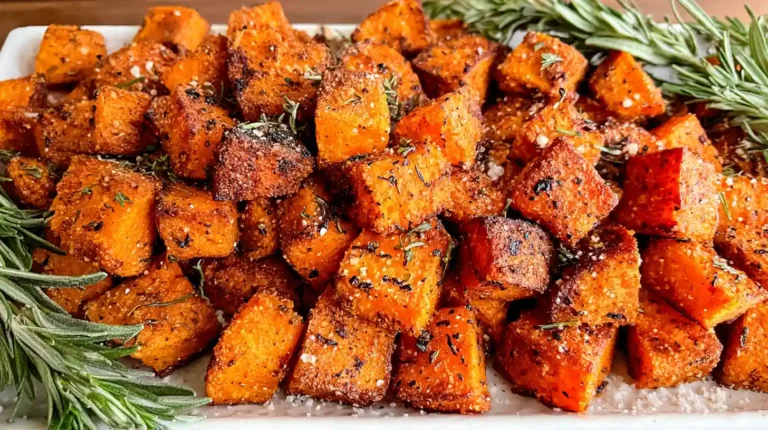 Overhead view of golden crispy roasted sweet potatoes on parchment paper with herbs