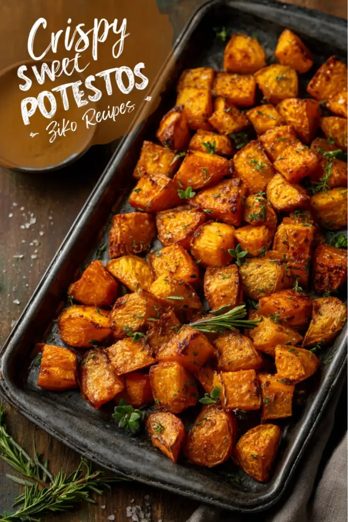 Pinterest pin image of crispy roasted sweet potatoes recipe with text overlay