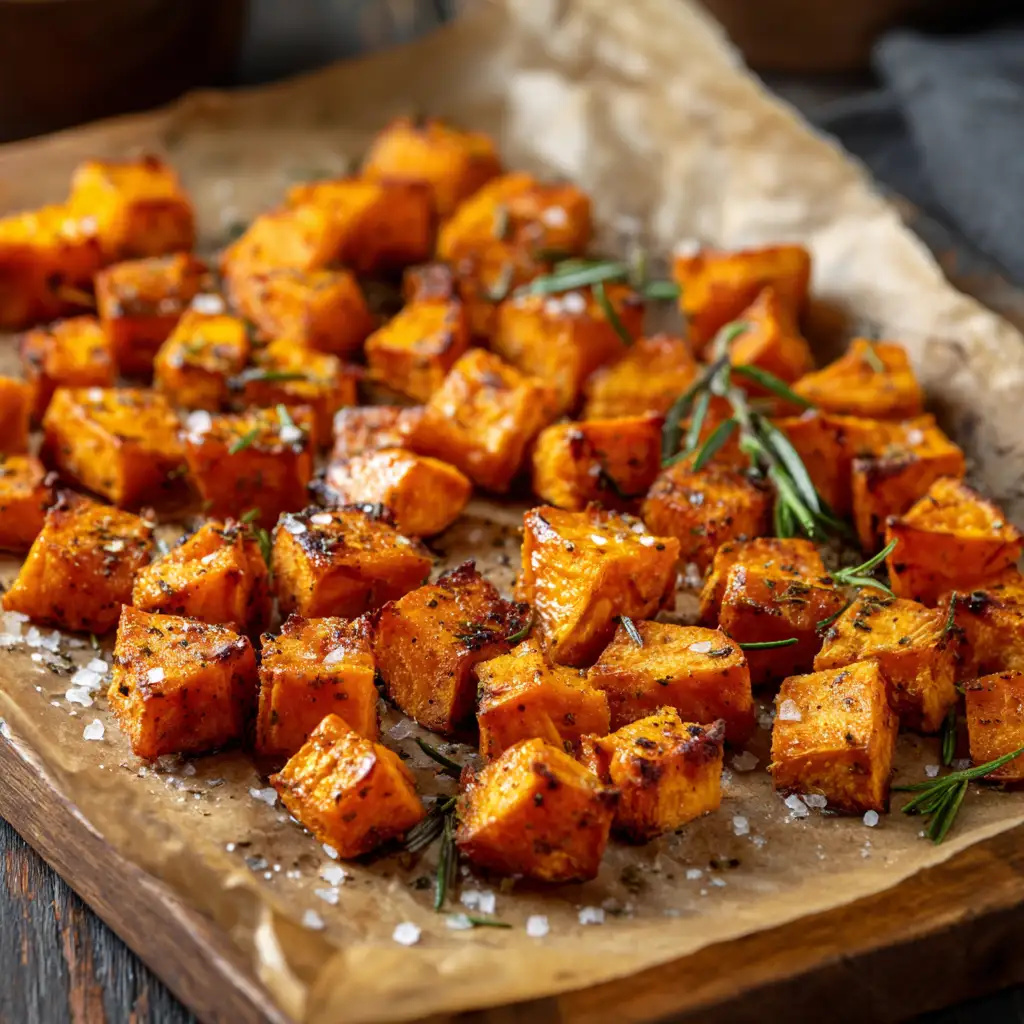 Overhead view of golden crispy roasted sweet potatoes on parchment paper with herbs and salt.