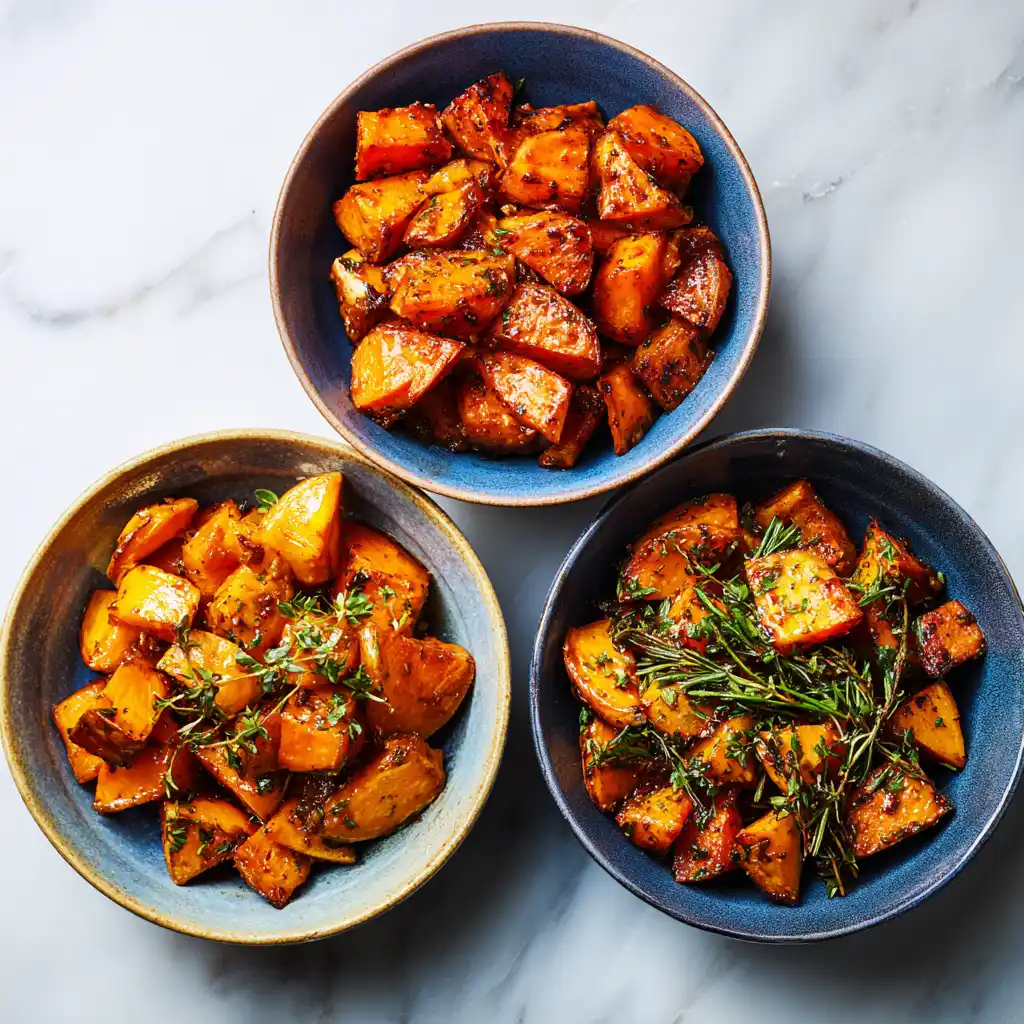 Three variations of sweet potatoes recipes - smoky, sweet maple, and herby rosemary