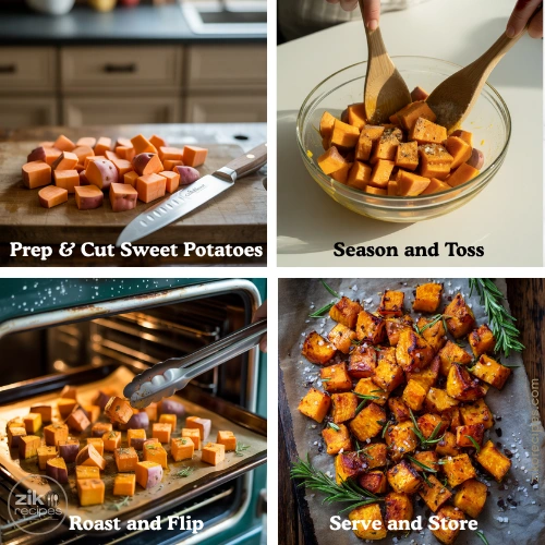 Step-by-step process of cutting, coating, and roasting sweet potatoes for extra crispiness