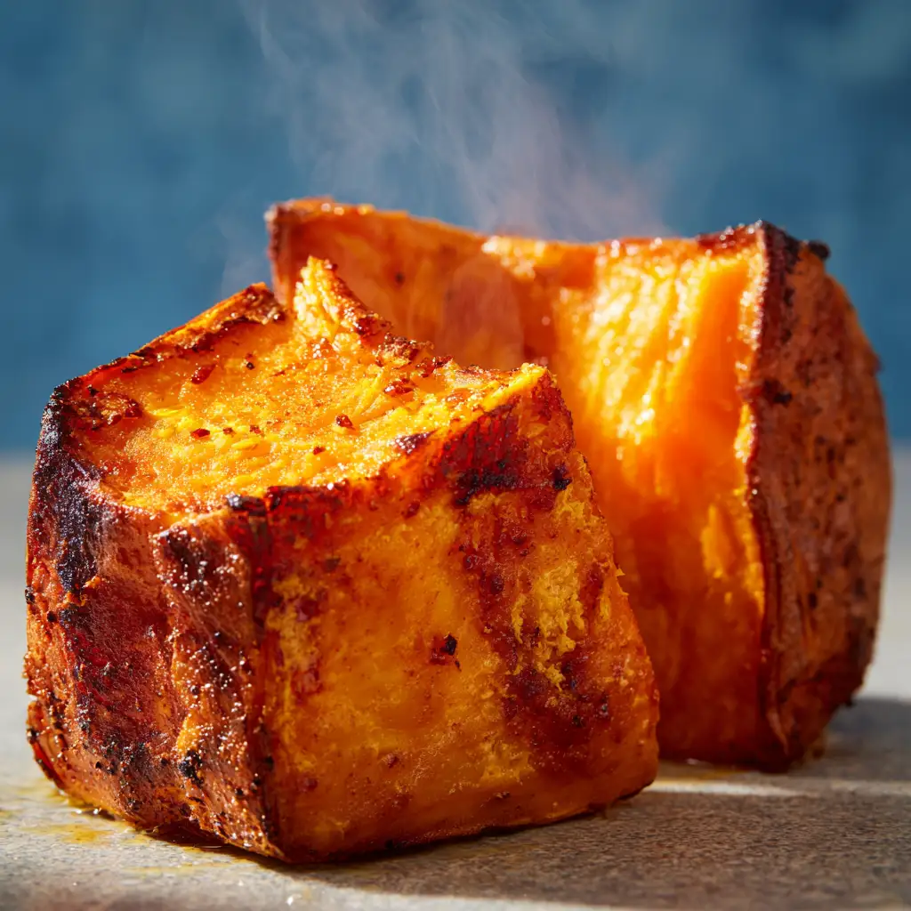 Close-up of crispy roasted sweet potato cube showing golden crust and tender orange center