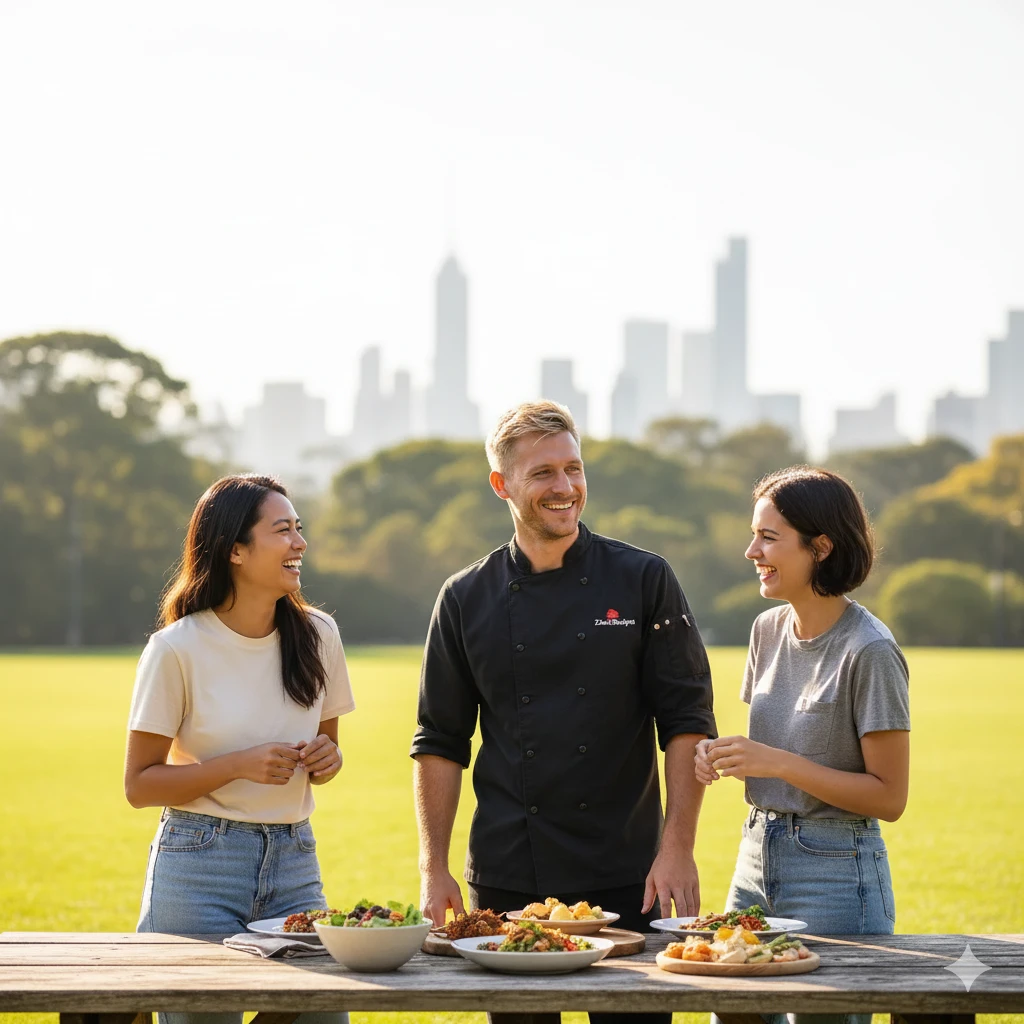 Ziko J. Wilson shares homemade dishes at a picnic table with two friends in a New York park, city skyline in the background.
