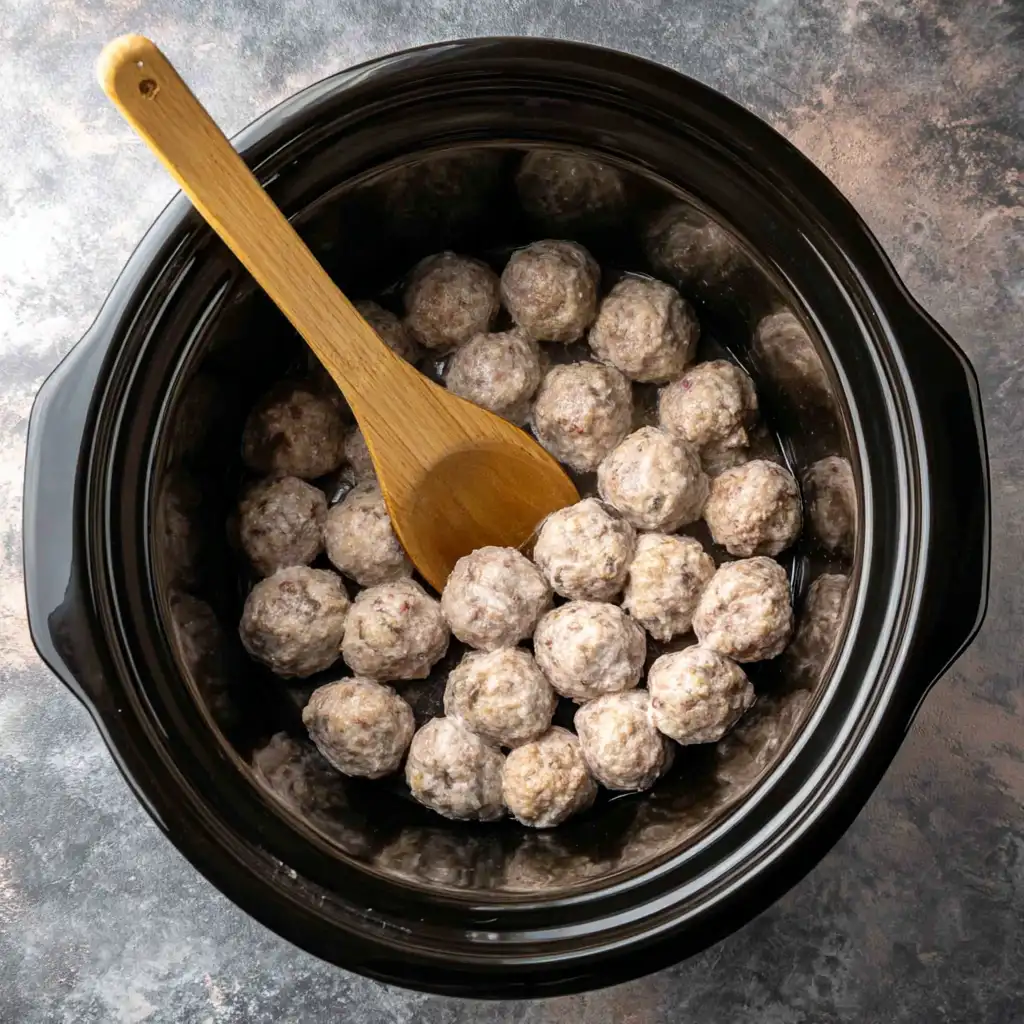 Frozen meatballs placed in slow cooker