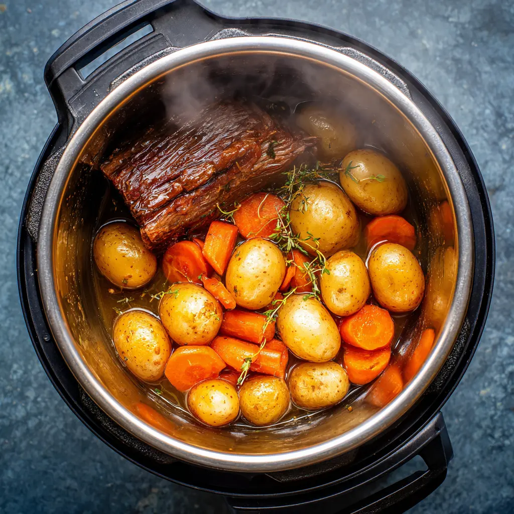 baby potatoes and sliced carrots in hot cooking juices