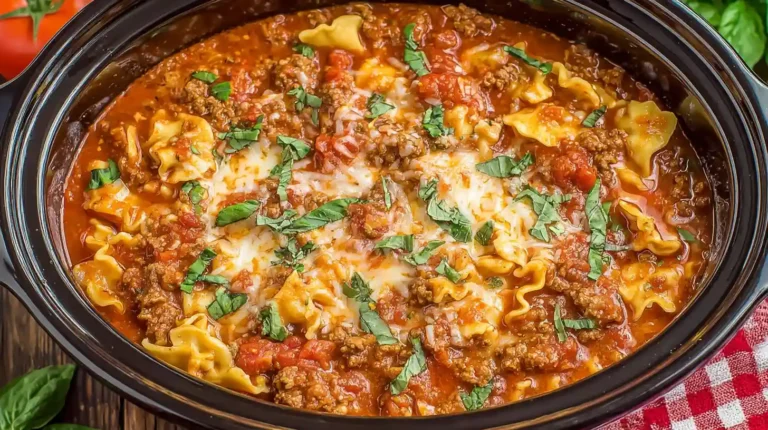 crockpot lasagna soup recipe with ricotta swirl and melted mozzarella