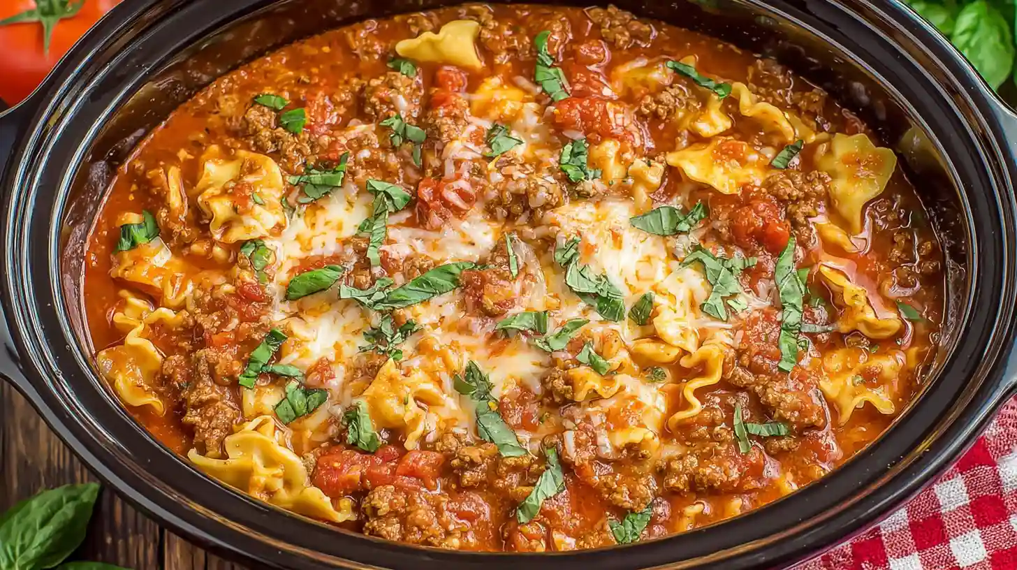crockpot lasagna soup recipe with ricotta swirl and melted mozzarella