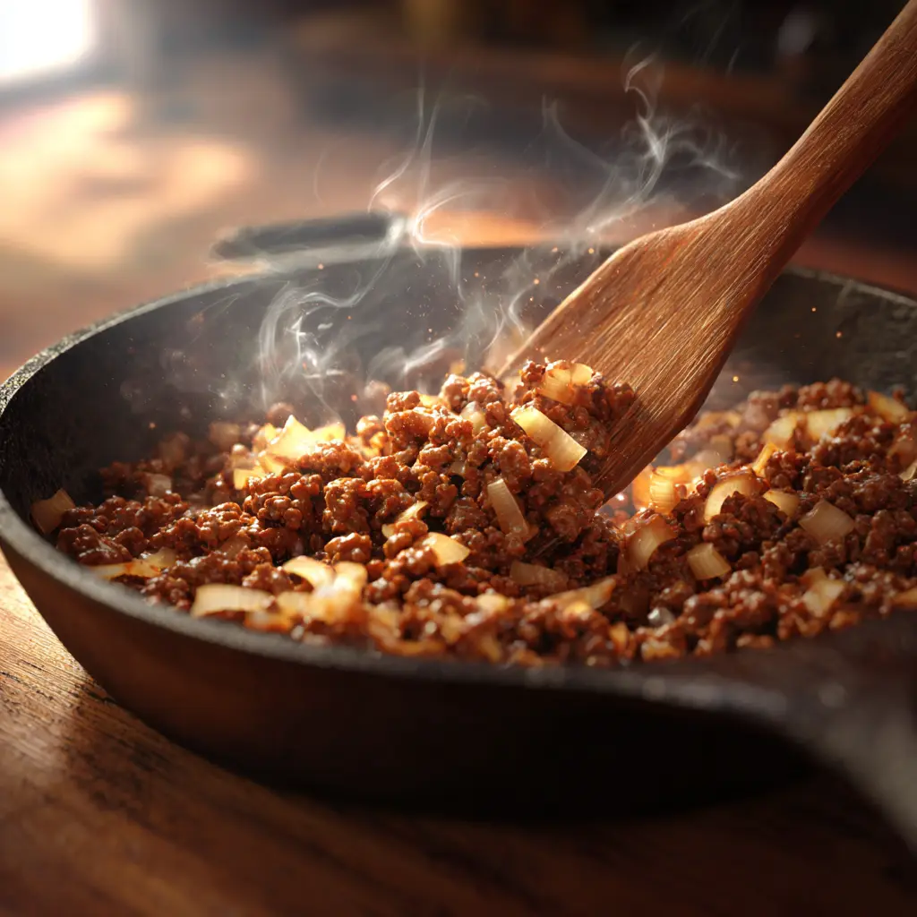 browning ground beef with onions and garlic.