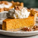Vegan pumpkin pie slice with coconut whipped cream