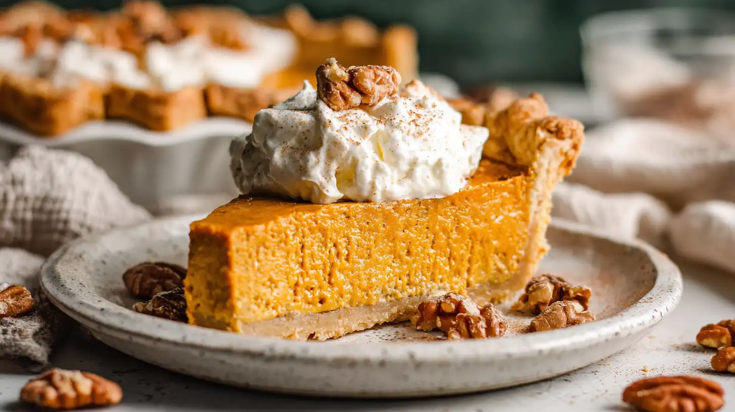 Vegan pumpkin pie slice with coconut whipped cream