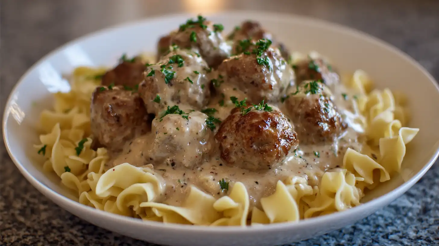 swedish meatballs with frozen meatballs in creamy gravy over egg noodles