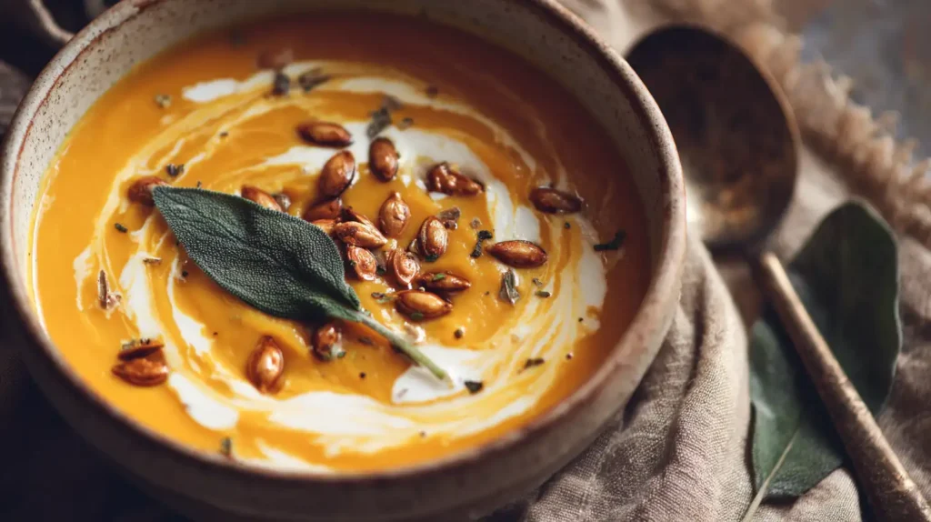 Creamy roasted butternut squash soup in a bowl with toasted seeds