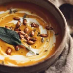 Creamy roasted butternut squash soup in a bowl with toasted seeds