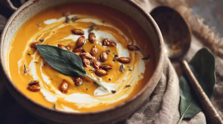 Creamy roasted butternut squash soup in a bowl with toasted seeds