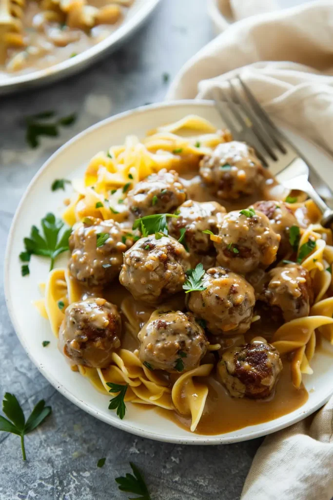 swedish meatballs with frozen meatballs served over buttered noodles