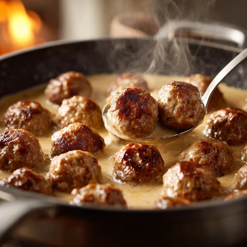 cooked Swedish meatballs stirred in creamy sauce